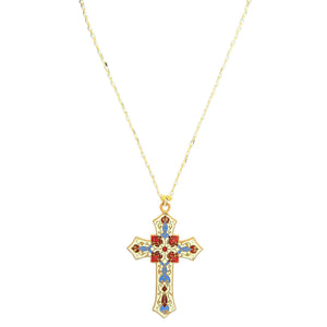 Gold-tone necklace with colorful enamel cross pendant, small loop at top