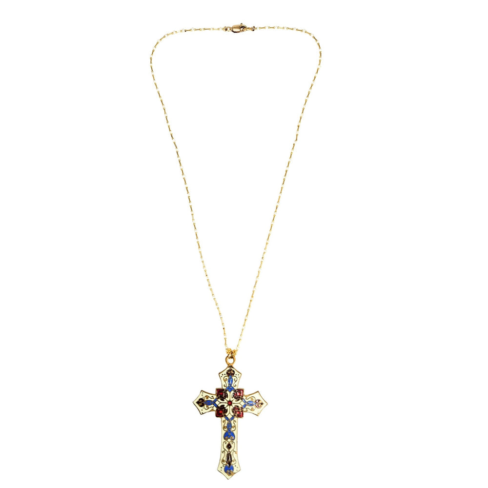 Gold-tone necklace with colorful enamel cross pendant, small loop at top