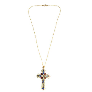 Gold-tone chain necklace with blue and red enamel cross pendant
