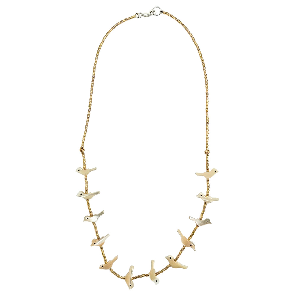 White shell bird bead necklace with gold-tone chain and small bird charms