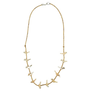 White shell bird bead necklace with gold-tone chain and small bird charms