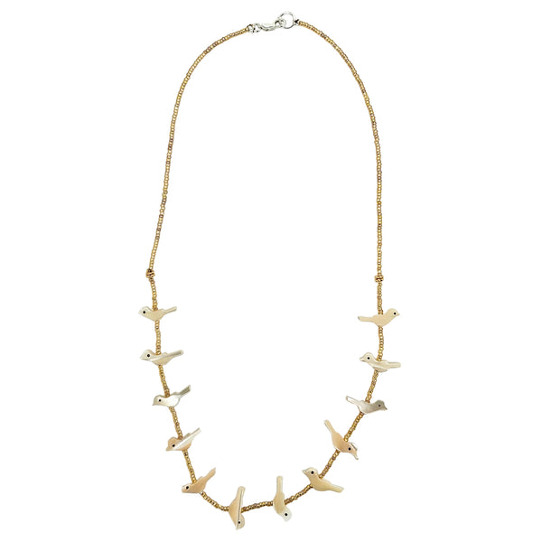 White shell bird bead necklace with gold-tone chain and small bird charms