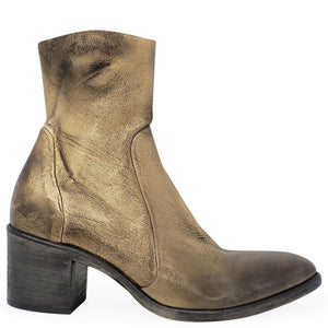 Gold leather ankle boot with chunky block heel and side seam