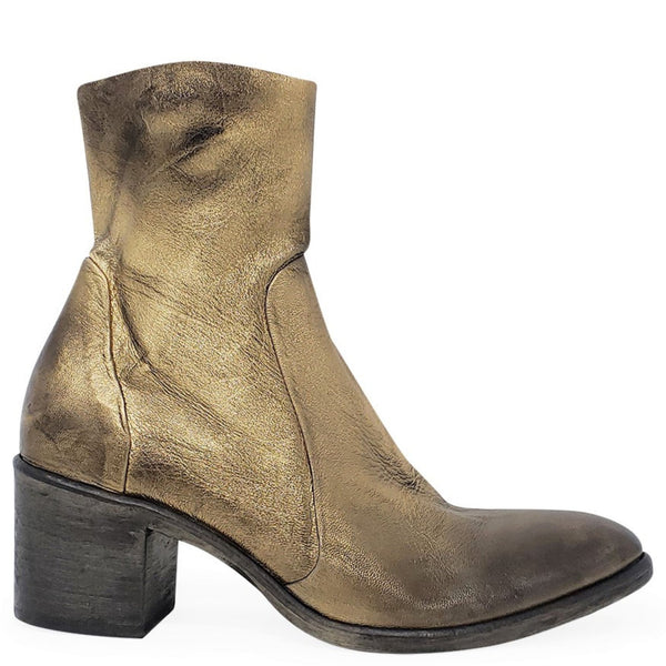 Gold leather ankle boot with chunky block heel and side seam