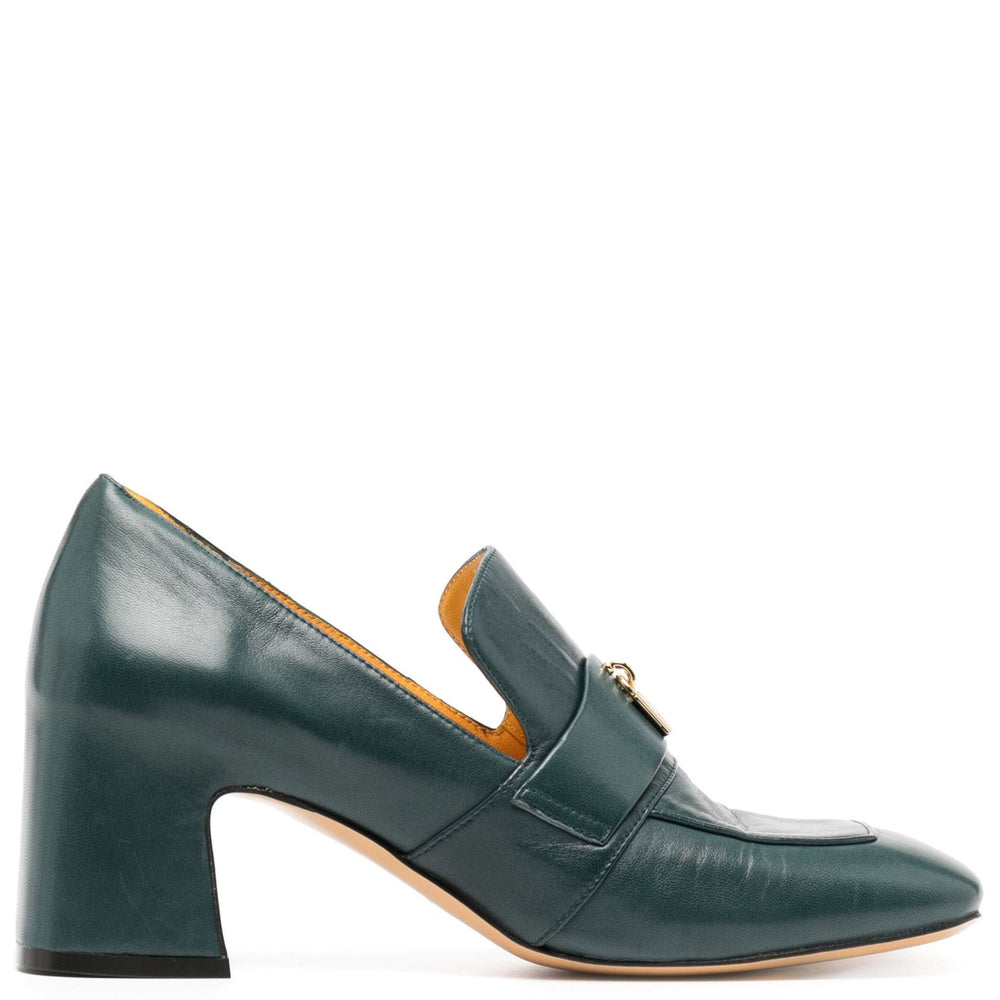 Teal leather loafer with block heel and gold-tone lock detail