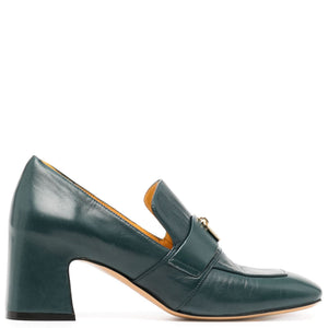 Teal leather loafer with block heel and gold-tone lock detail