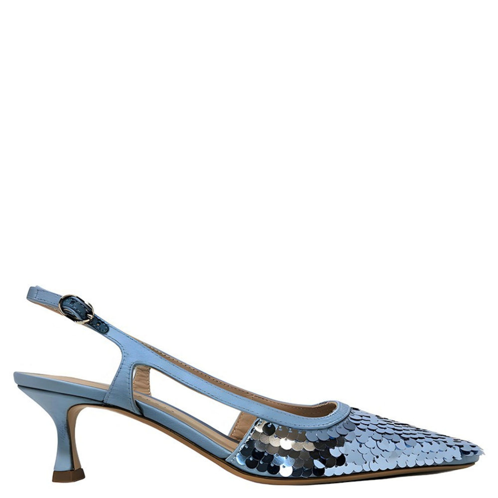 Blue sequin snip-toe slingback heeled pump with ankle strap
