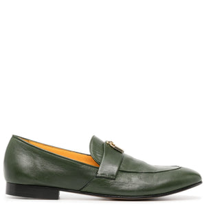 Green leather flat loafer with gold-tone lock detail, slip-on design