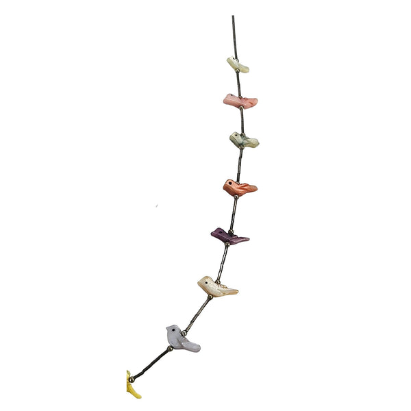 Vintage mother-of-pearl bird necklace with multicolor bird charms and metal links