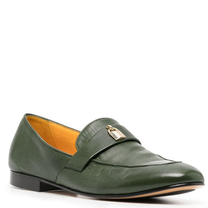 Green leather flat loafer with gold-tone lock strap and low block heel