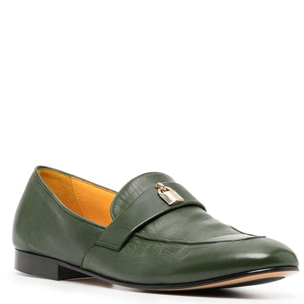 Green leather flat loafer with gold-tone lock strap and low block heel
