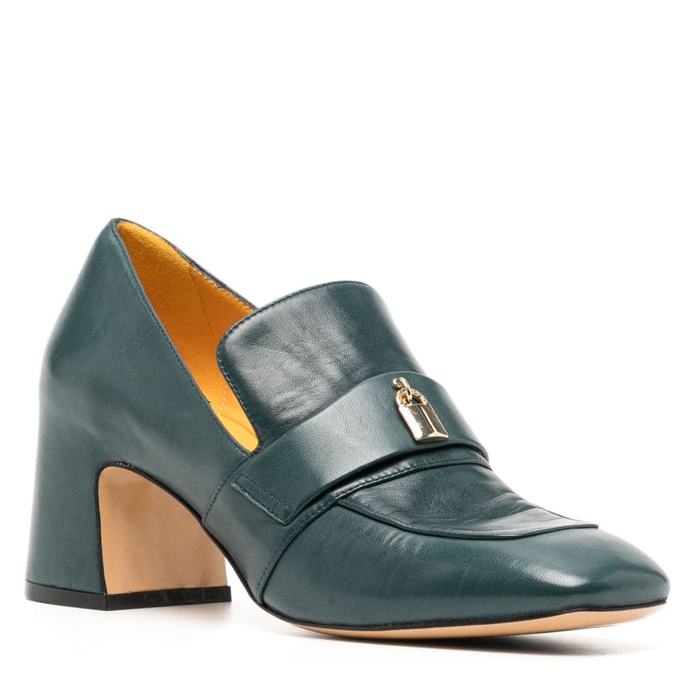 Teal leather loafer with block heel and gold-tone lock detail