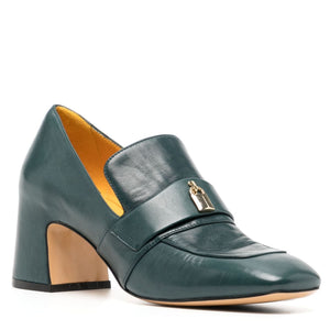 Teal leather loafer with square-toe, block heel, and gold-tone lock on strap