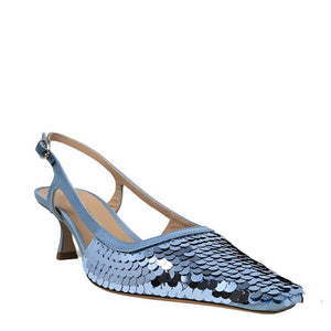 Blue sequined snip-toe slingback heel with open back and ankle strap