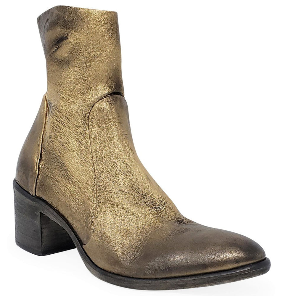 Gold leather ankle boot with chunky block heel and side seam