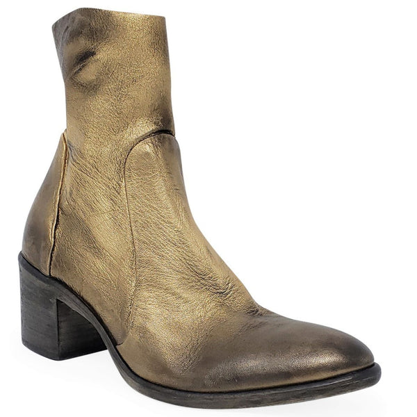 Gold leather ankle boot with almond toe and chunky block heel