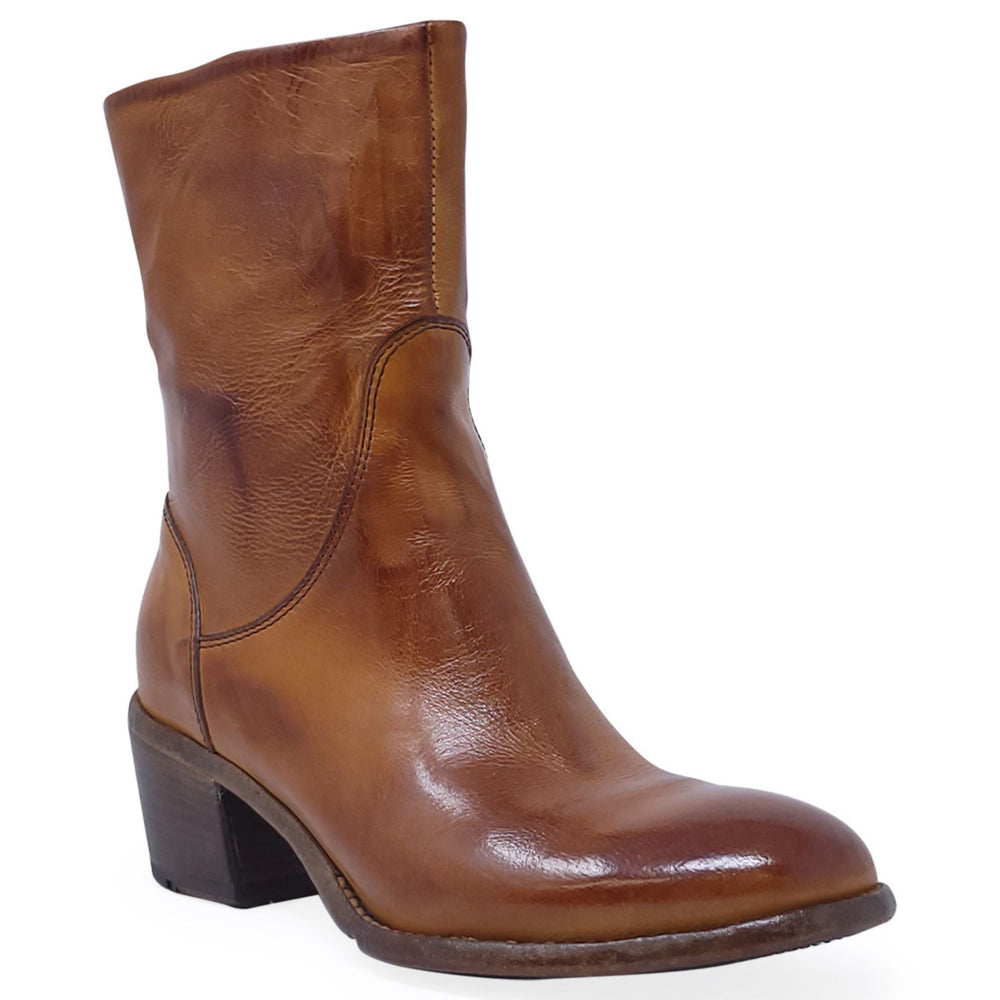 Brown leather mid-calf boots with stacked heel and side panel stitching