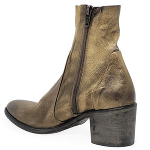Gold leather ankle boot with side zipper and chunky block heel