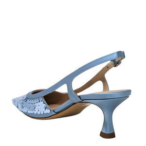 Blue sequined slingback heel with snip toe, cutout opening, and ankle strap