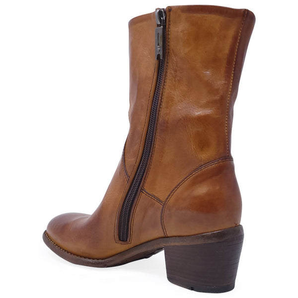Brown leather mid-calf boots with full-length side zipper and stacked block heel
