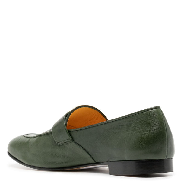 Green leather flat loafer with orange lining and low block heel