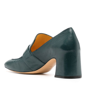 Teal leather loafer with low block heel and slip-on design