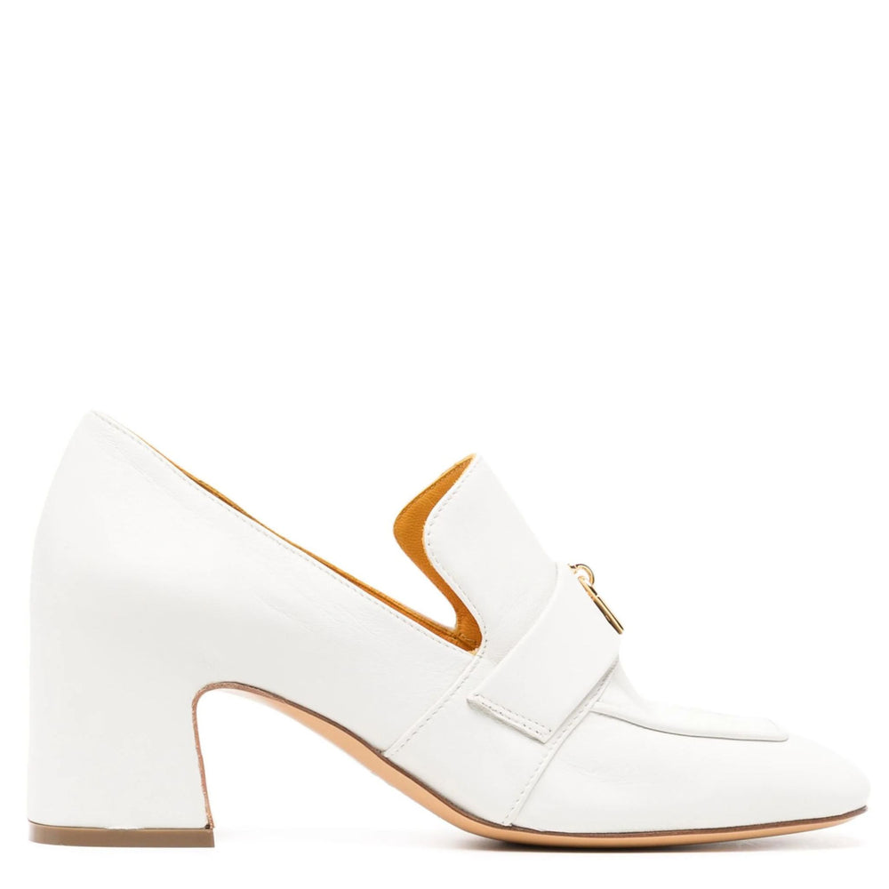 White leather loafer with low block heel and gold-tone side buckle strap