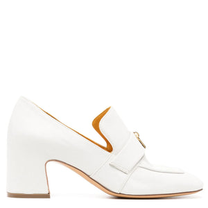 White leather loafer with low block heel and gold-tone side buckle strap