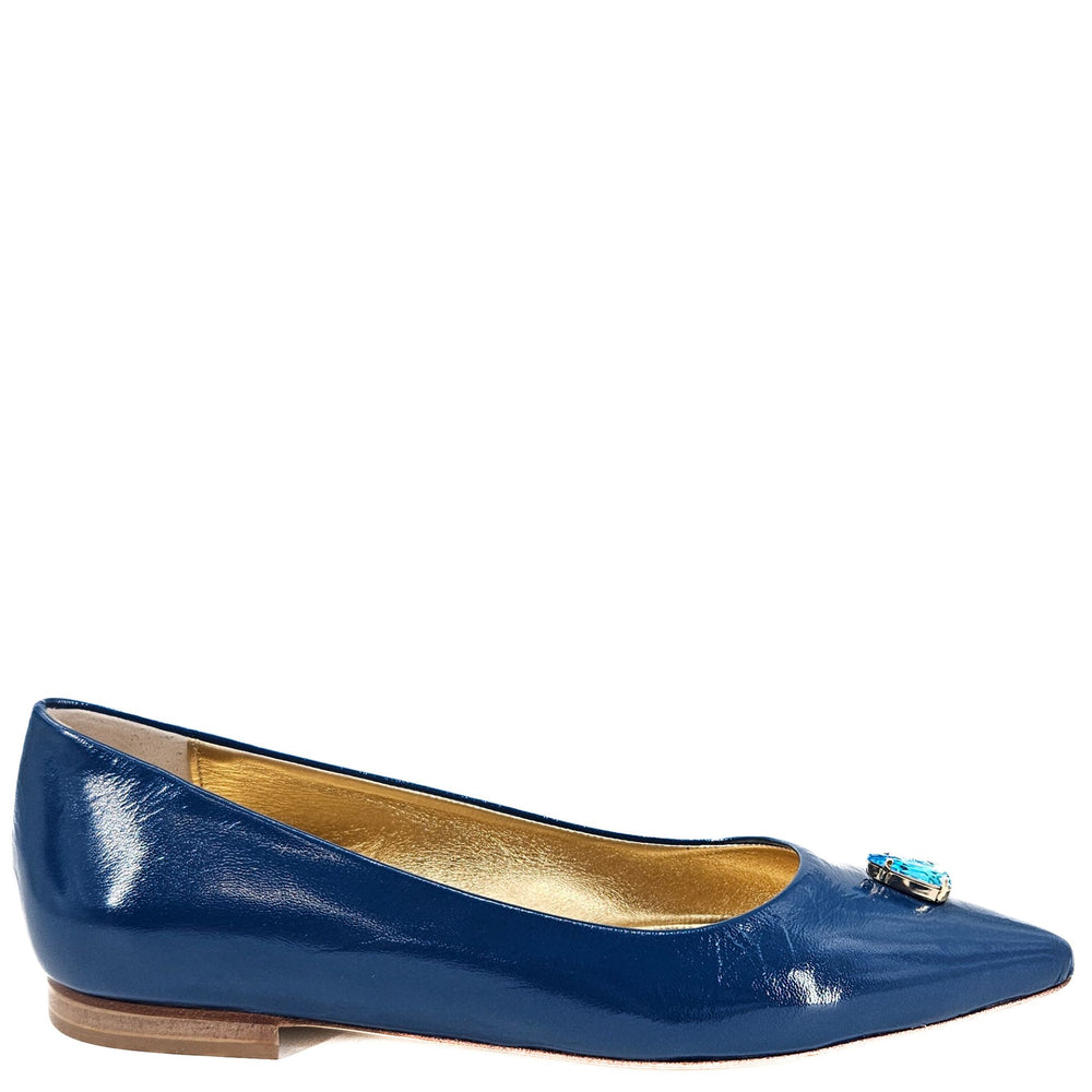 Blue pointy-toe ballet flats, shiny finish, blue jewel ornament