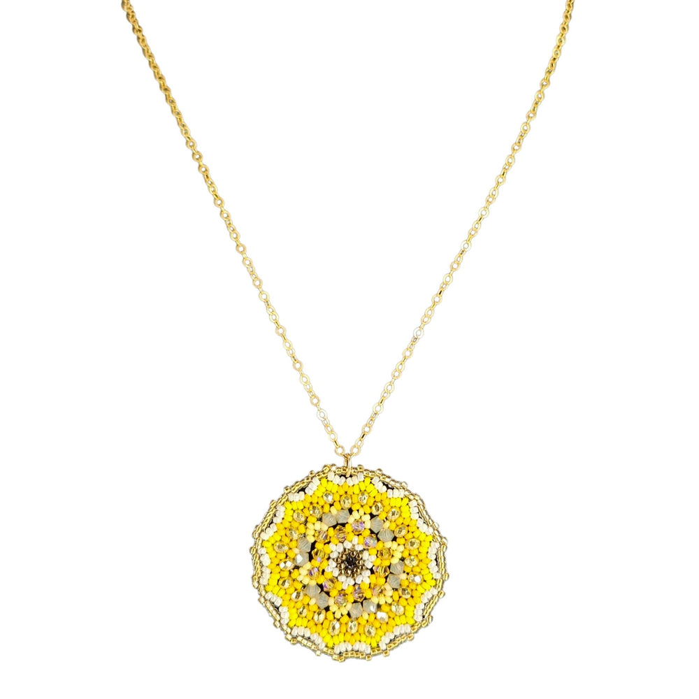 Yellow crystal mandala beaded necklace with round yellow rhinestone pendant
