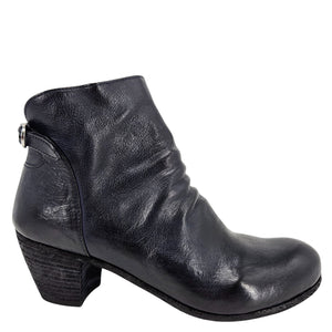 Navy leather ankle boot with block heel and side zipper, rounded toe