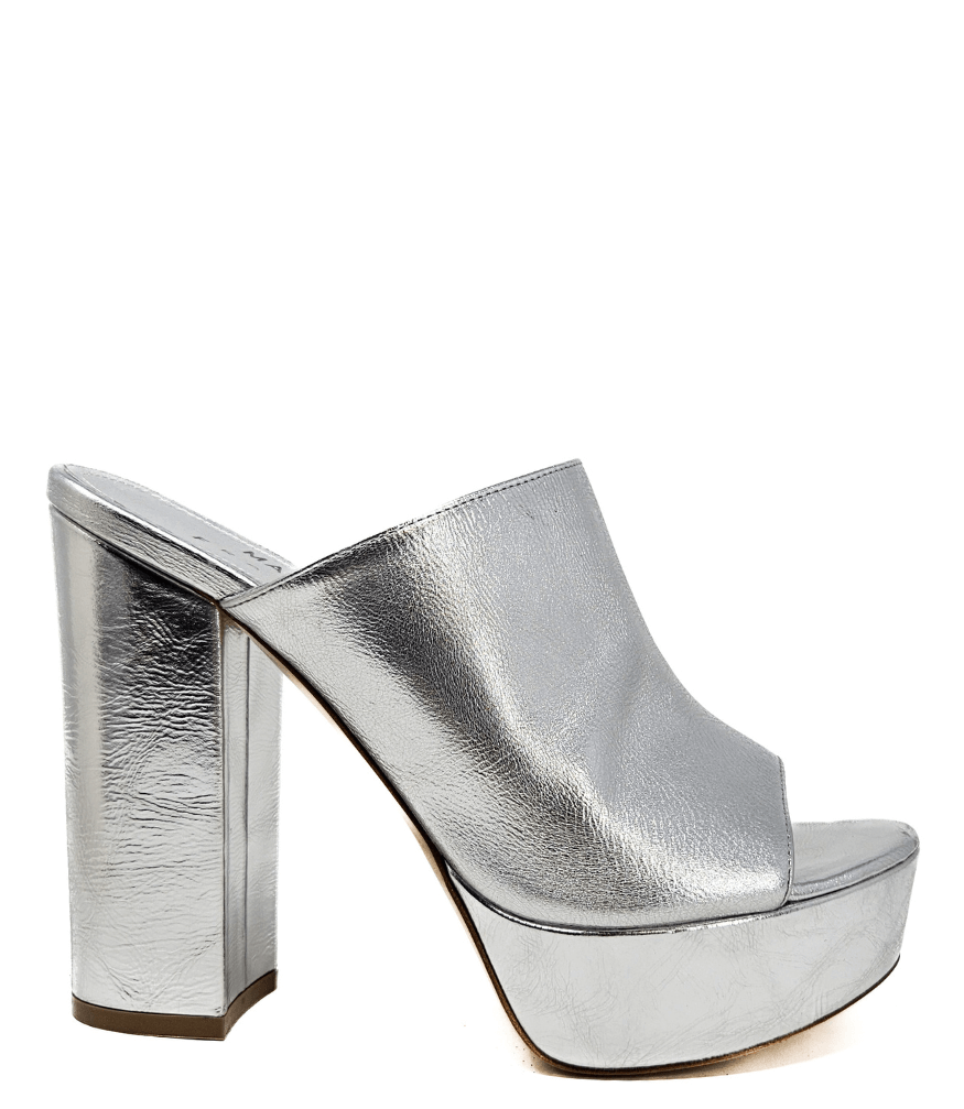 Silver open-toe platform sandal with chunky high heel and wide upper.