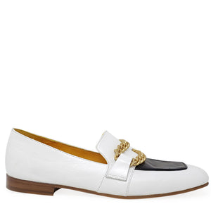 White flat loafer with gold chain detail and black side panel, low block heel