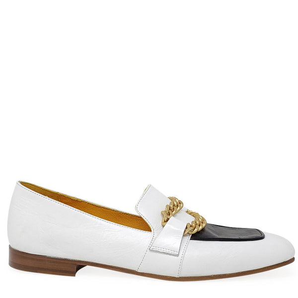 White flat loafer with gold chain detail and black side panel, low block heel
