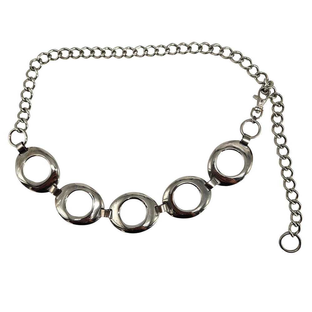 Silvertone vintage chain belt with five large circular link rings and extender chain