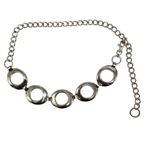 Silvertone vintage chain belt with five large circular link rings and extender chain
