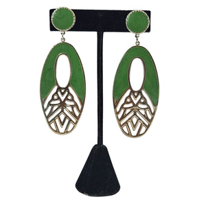 Green enamel oval drop earrings with gold-tone filigree design and round top caps