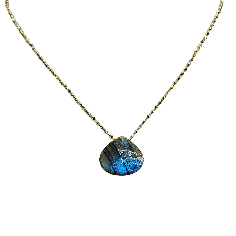 Blue labradorite teardrop pendant necklace with gold chain