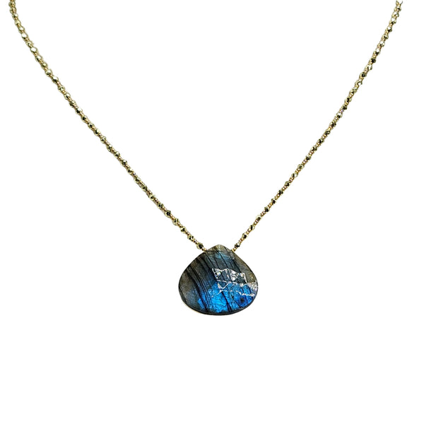 Blue labradorite teardrop pendant necklace with gold beaded chain