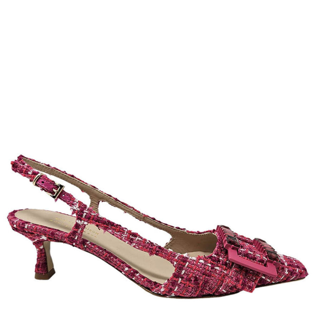 Cherry tweed slingback heels with buckle strap and mid heel