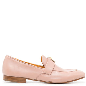 Light pink leather flat loafer with gold-tone lock detail and slip-on design