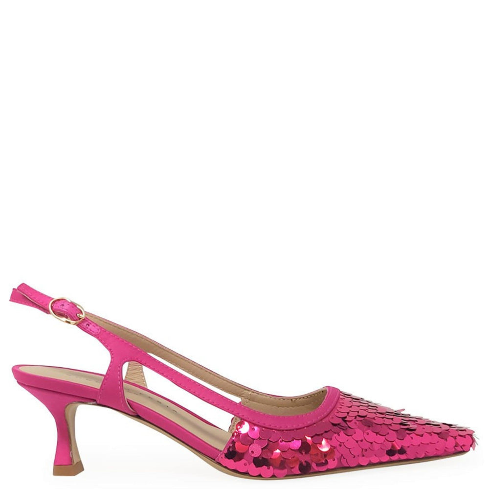 Fuchsia sequin slingback pump with pointed toe and slim heel