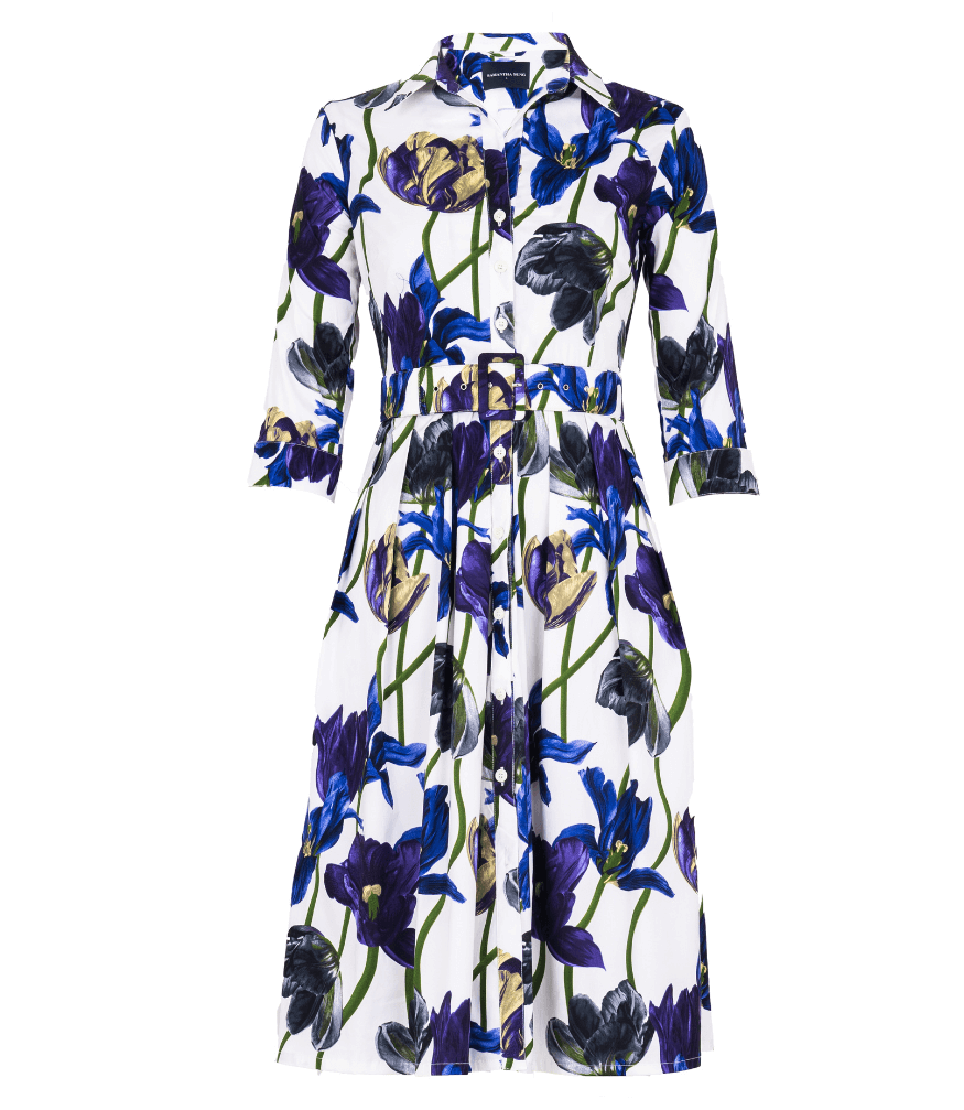 Front view: white tulip-print long dress with belted waist and button collar