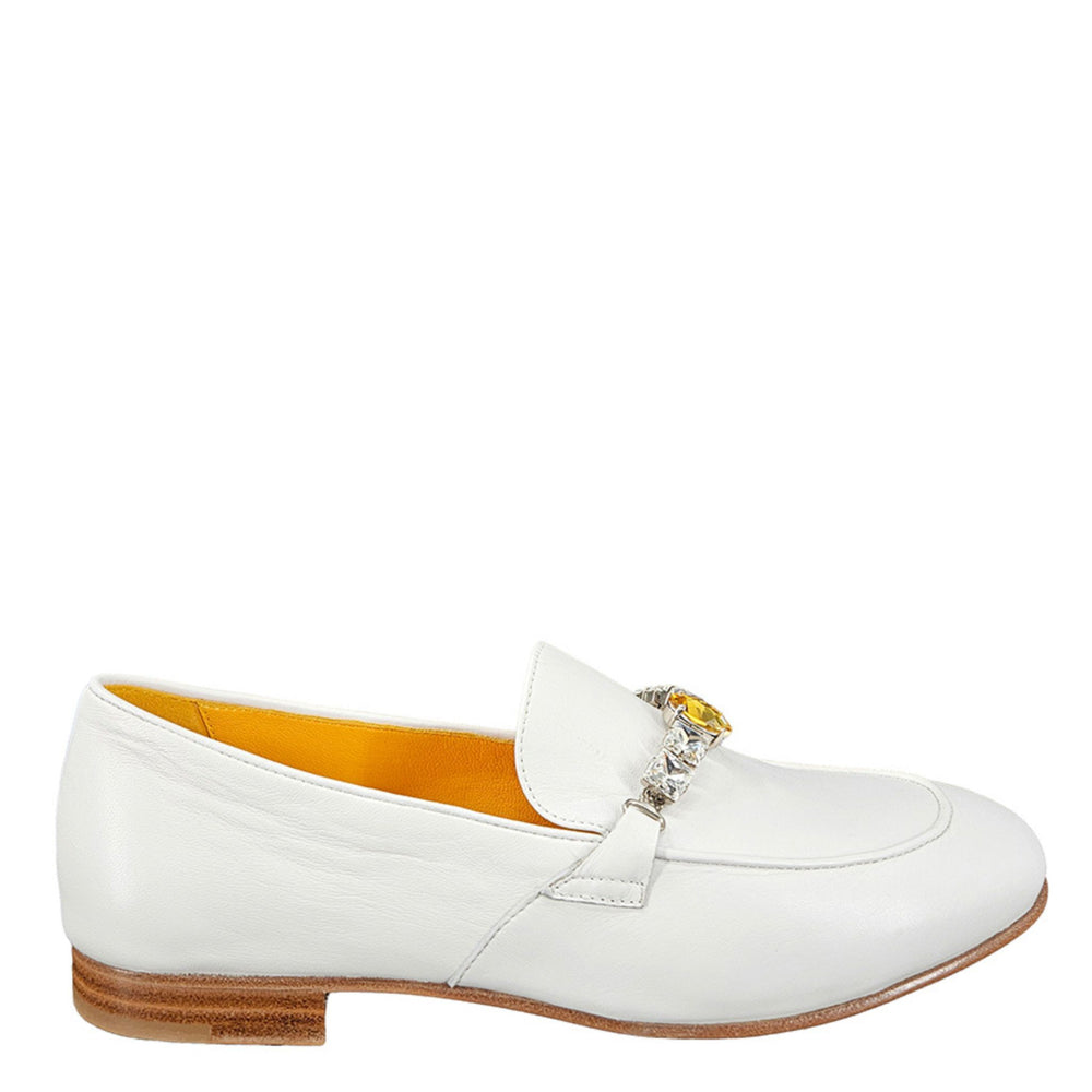White leather flat loafer with jeweled buckle detail and rounded toe