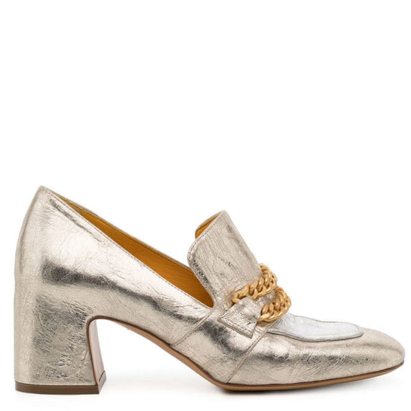 Metallic leather mid-heel loafer with gold chain detail and almond toe