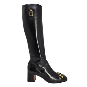 Black tall lock boot with gold lock hardware and low block heel