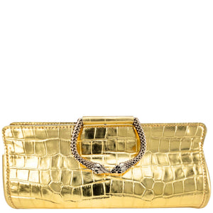Gold croc-embossed clutch with chain handle and hinged clasp
