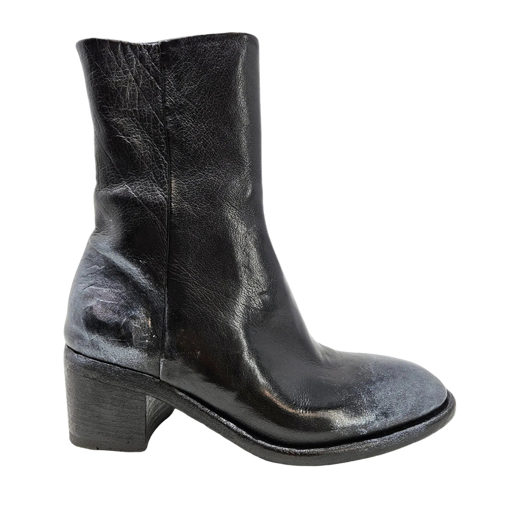 Black hand-finished ankle boot with block heel and rounded toe