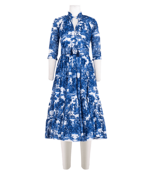 Blue and white printed midi dress with tied neckline, 3/4 sleeves, tiered skirt