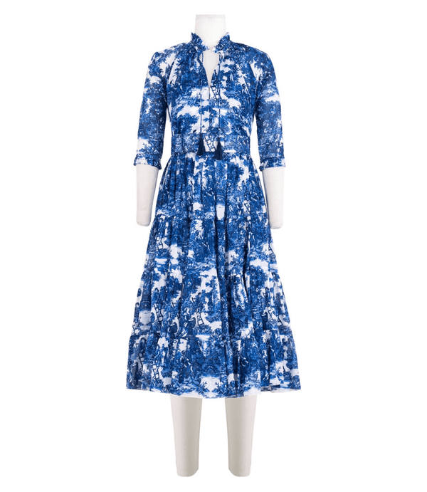 Blue and white printed midi dress with tied neckline, 3/4 sleeves, tiered skirt
